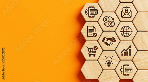 Digital Business Finance and E Commerce Technology Concept with Wooden Hexagon Blocks Representing Innovation Security and Global Growth