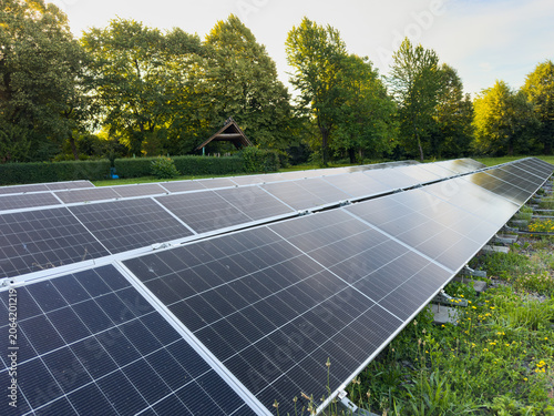 Bild auf Leinwand Ground Mounted Solar Panels Under Blue Sky