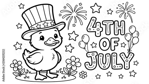 Cute cartoon duckling wearing patriotic top hat fourth of july coloring page for kids with fireworks