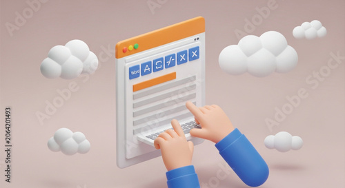 Εκτύπωση καμβά 3d render of hands typing on a laptop keyboard within a word processor application on a screen, surrounded by clouds
