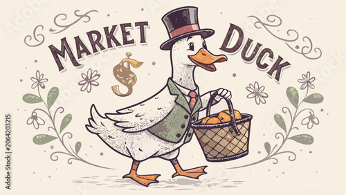 Vintage market duck wearing a hat and carrying a basket