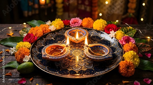 Diwali festival of lights decorative diya lamps with colorful flowers and leaves on a traditional indian puja plate