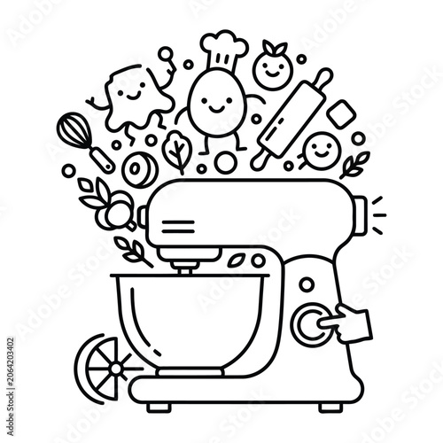 Stand mixer with animated ingredients and chef hat illustration