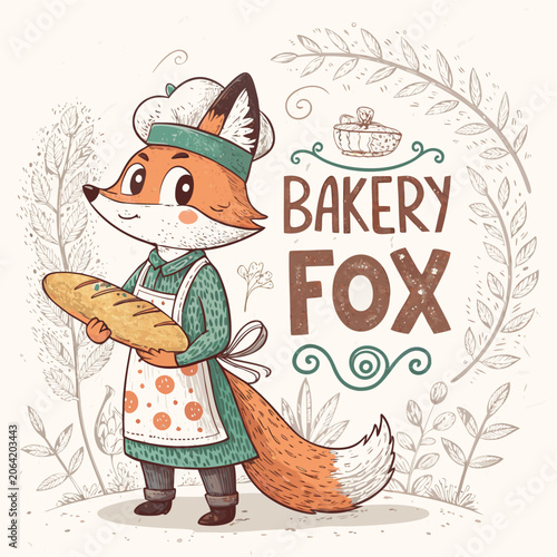 A cute fox baker wearing an apron holds a fresh baguette