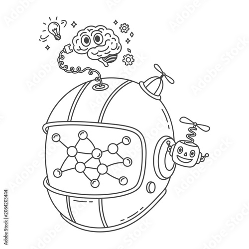 Robot helmet with brain and molecule structure illustration