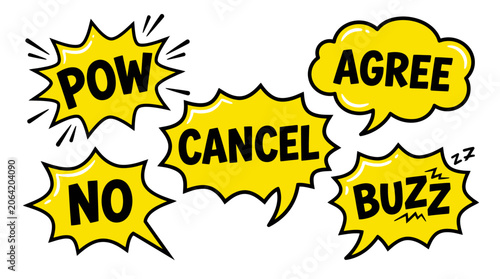 Comic style bubbles with pow, cancel, and agree text.
