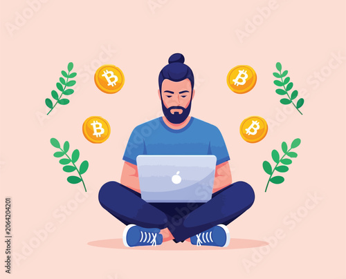 Man sitting cross-legged with laptop, surrounded by bitcoin coins and green leaves, representing cryptocurrency investment and digital freedom.