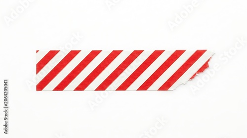 A single strip of red and white striped tape, torn from a roll and affixed to a white surface