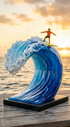 Surfer on blue wave sculpture at sunset ocean