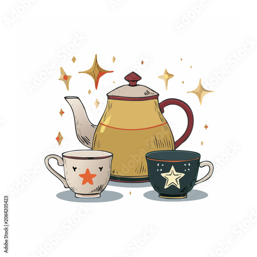 Hand Drawn Teapot and Cups with Stars and Sparkles