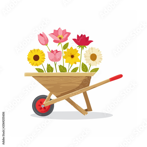 Wheelbarrow filled with colorful flowers, flat design illustration