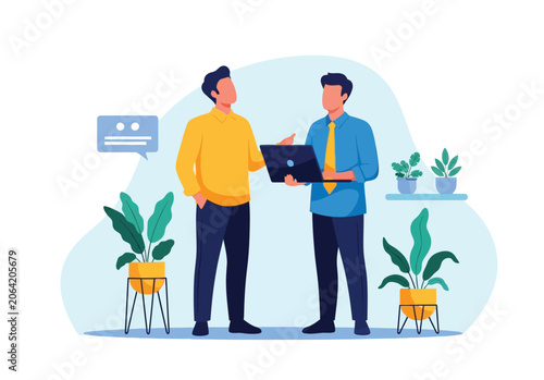Two businessmen discussing project, holding laptop and talking in office with plants and chat bubble, professional teamwork, corporate meeting.
