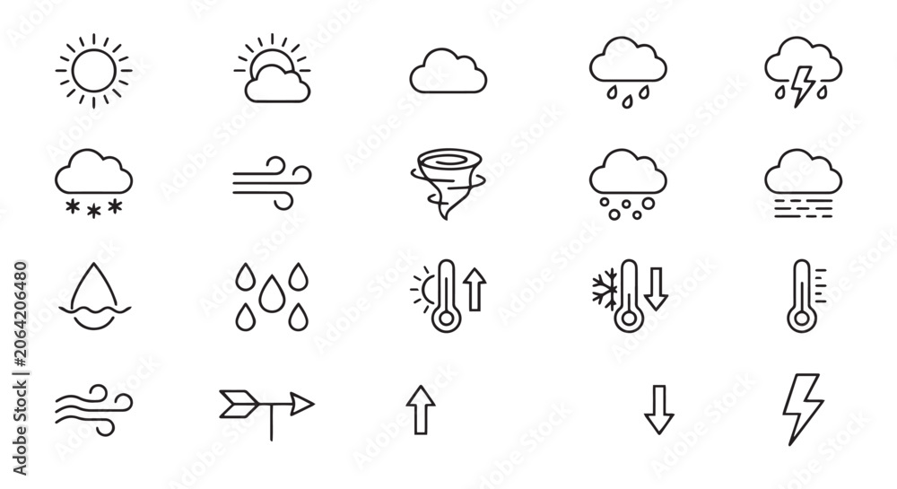 Fototapeta premium Collection of weather forecast icons, vector graphics representing various weather conditions like rain, snow, sun, wind and storm