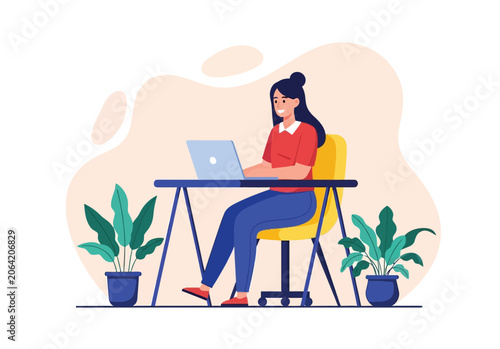 Happy woman working on laptop at desk in bright modern home office space surrounded by green plants during productive remote work day for digital nomads.