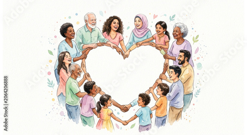 Artistic Illustration of a Diverse Crowd Joining Hands in a Large Heart Shape, Representing Global Unity, Social Collaboration, Mutual Respect, and Harmonious Living Across Cultures