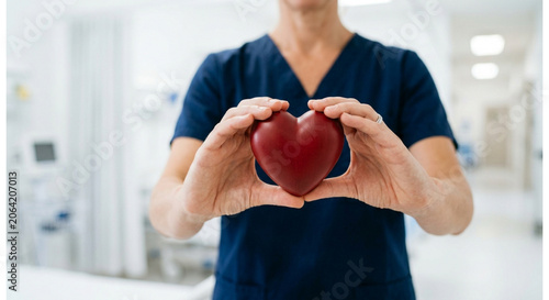 A Medical Professional in Scrubs Carefully Holding a Realistic Human Heart Model, Symbolizing Cardiology, Healthcare, Compassion, and Advanced Medical Care in a Clinical Environment