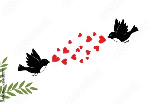 Two black birds flying with red hearts
