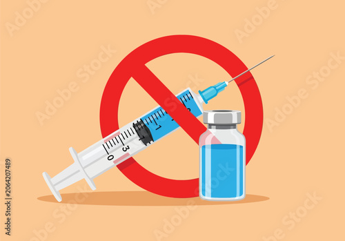 Medical syringe with vial over red prohibition sign representing anti vaccination movement and medical refusal concepts in flat vector illustration design.