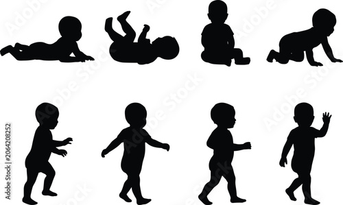 Photos Collection of baby silhouettes showing growth stages from lying down to crawling