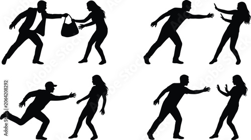 Fotografie Collection of crime silhouettes showing a thief snatching a woman handbag and at
