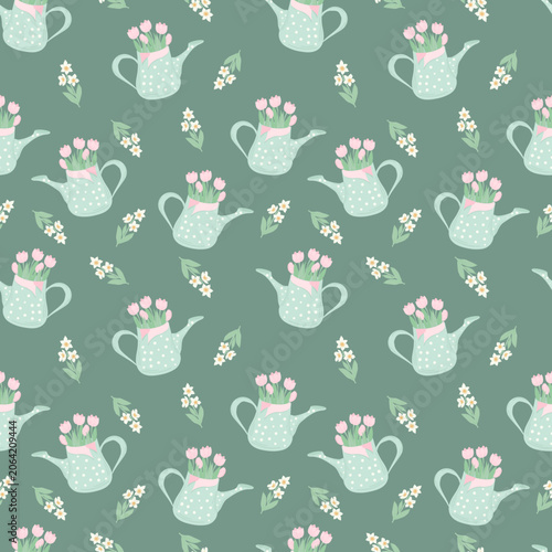 Vibrant vector pattern with colorful watering cans and flowers, cute seamless background for fabric, home decor and craft projects