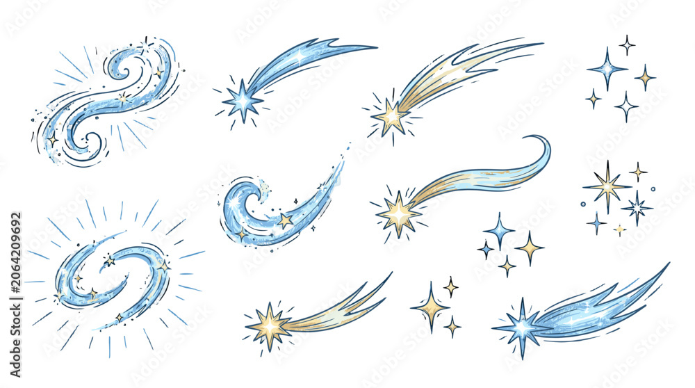 Fototapeta premium Hand drawn sparkling comet and star doodle set
