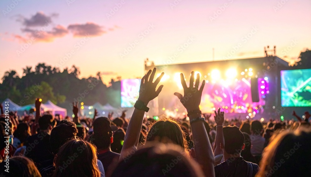 Fototapeta premium Crowd of people cheering at a vibrant outdoor music festival during a colorful sunset landscape