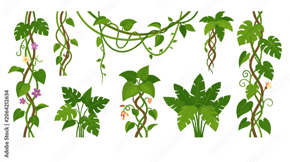 Fototapeta premium Tropical vine and jungle leaf border set on white background
