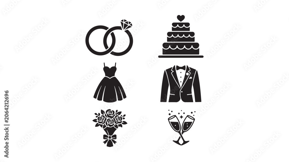 Naklejka premium Elegant Black and White Wedding Celebration Icons Set