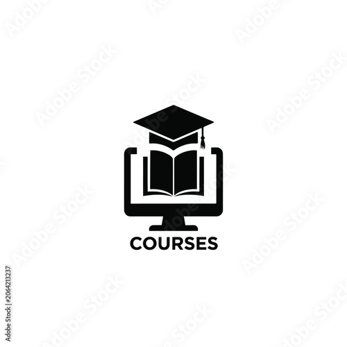 Slika na platnu Graduation cap atop computer monitor silhouette on a white background representi
