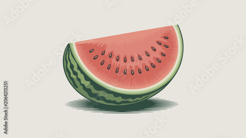 Obraz na plátne A vibrant, refreshing slice of watermelon with red flesh, black seeds, and a green striped rind, depicted on a light background