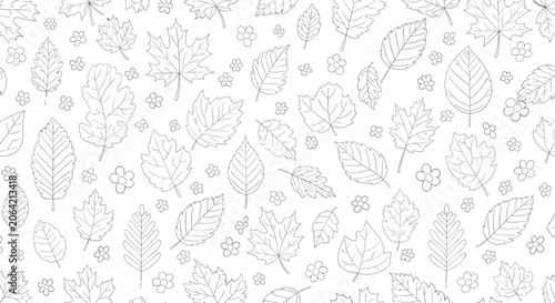 Delicate seamless pattern of various hand drawn autumn leaf outlines in black ink creates a subtle botanical texture on a white background.