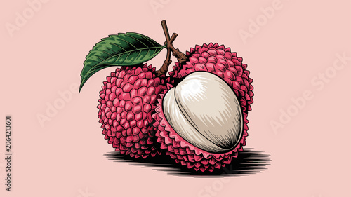 Foto A detailed illustration of three ripe lychee fruits, with one cut open to reveal its white flesh and seed, set against a soft pink background