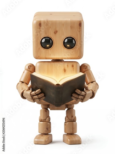 A cute wooden robot character reading an open glowing book isolated on white background