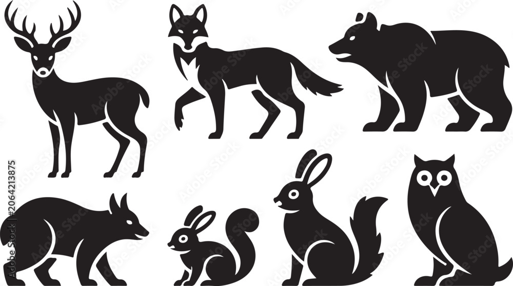 Obraz premium Wild Forest Animals Silhouette Set Vector Illustration Featuring Deer Fox Bear Rabbit Squirrel and Owl