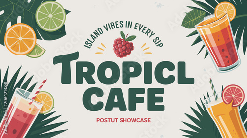 Foto Tropical Cafe: Island Vibes in Every Sip, Showcasing Refreshing Drinks and Vibrant Citrus Fruits Amidst Lush Greenery