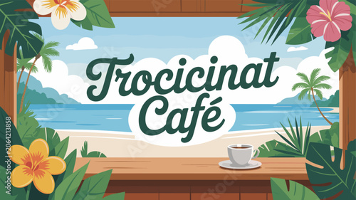 Obraz na plátne A tropical cafe window view with a cup of coffee overlooking a serene beach and ocean scene