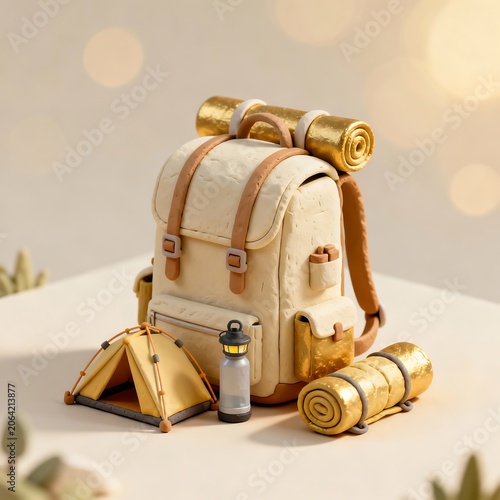 Isometric Claymorphism Backpack with Camping Gear