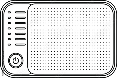 A detailed technical line drawing of a portable power bank device with a textured surface design.