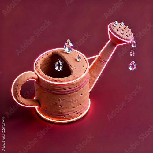 Neon Claymorphism 3D Watering Can Flat Lay
