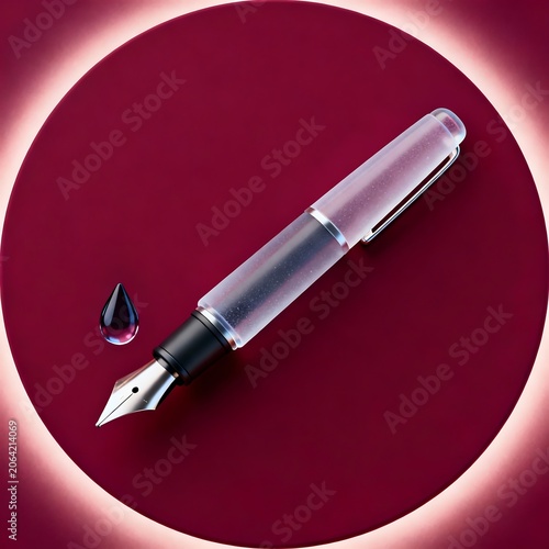 Premium 3D Fountain Pen and Ink Drop on Burgundy Glass Backg