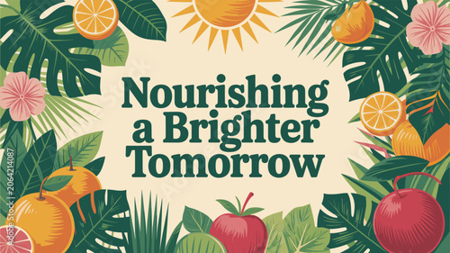 Bild auf Leinwand Vibrant tropical illustration with fruits, leaves, and flowers surrounding the text 'Nourishing a Brighter Tomorrow', conveying health and growth