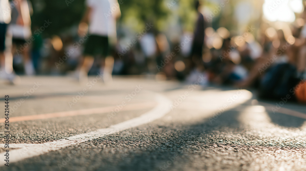 Obraz premium Diverse basketball team playing on an outdoor court during a sunny summer day players spread across the frame worn court lines shadows on asphalt spectators and trees softly