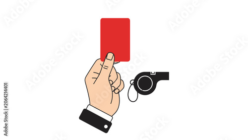Fotografie Referee Hand Holding Red Card and Whistle Penalty Decision, isolated white backg
