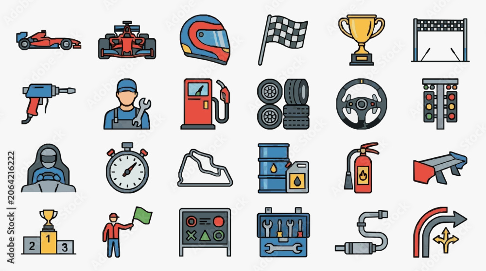 Naklejka premium Professional Racing and Motorsport Equipment Tools and Symbols Comprehensive Guide with high professional line art symbols for modern creative design and digital branding projects