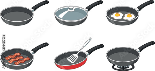 Schilderij op canvas Frying pan vector illustration set with empty skillet glass lid frying eggs cook
