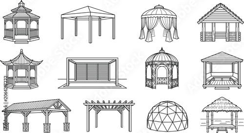 Photos Gazebo and pergola vector line icon set featuring outdoor pavilion backyard cano
