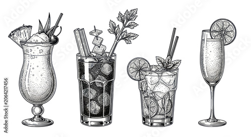 Fotografie Set of hand drawn classic cocktails with garnishes and ice