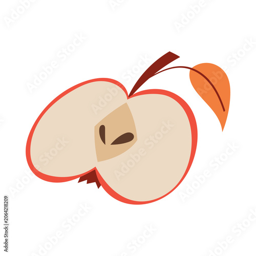 Minimalist vector half apple slice with seed, stem and leaf isolated on white background. Fresh fruit icon for healthy food themes
