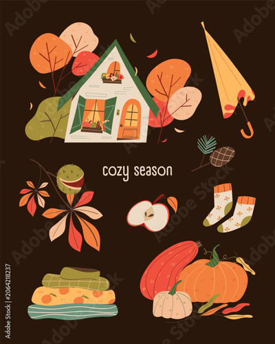 Cozy autumn greeting card with cottage, pumpkins, warm socks, umbrella, leaves and seasonal harvest elements on dark background